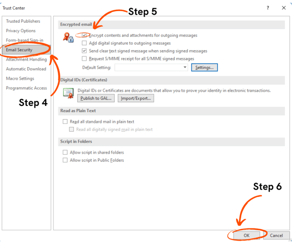Enable S/MIME encryption in Outlook - Step 4, 5, 6