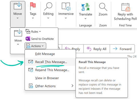 Recall An Email In Outlook for Desktop (Classic Outlook) Step 2_ Open Actions Dropdown