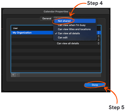 Hiding your calendar in the Mac Outlook app steps 4 and 5